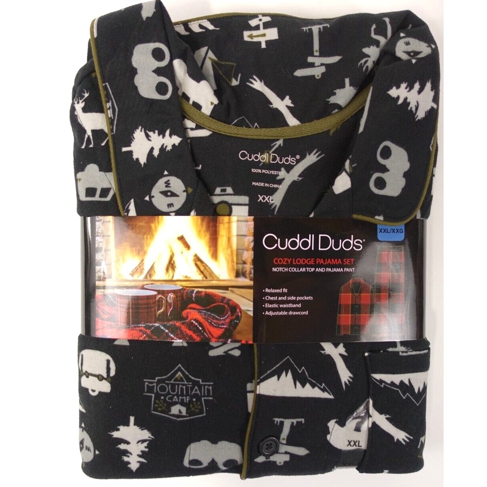 Cuddl Duds Pajama Set Men XXL Relaxed Fit Graphic Notch Collar Top Pants Camping